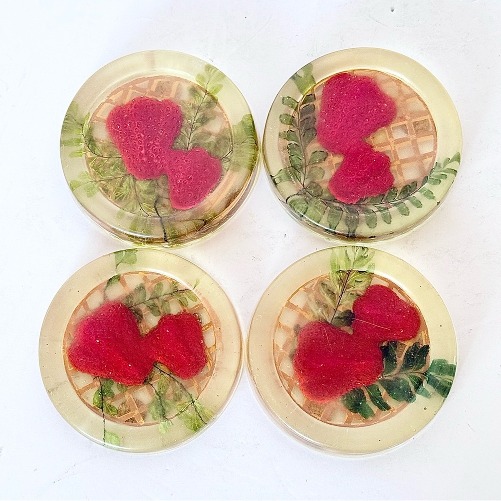 Set of 4 Vintage Gamut Designs Lucite Coasters –Strawberries & Wicker Background